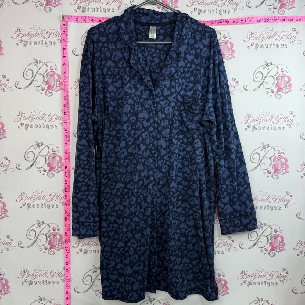 George pj long top dress Navy Slate Blue Leopard Print Long Sleeve Nightshirt